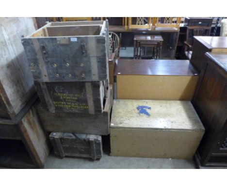 A Victorian pine blanket box and four military ammunition boxes 
