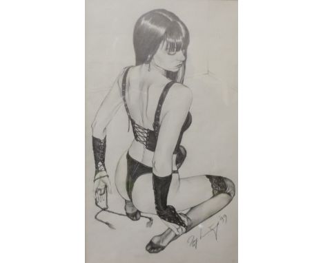 Ray Leaning, erotic study of a semi nude female, pencil sketch, 33 x 20cms, framed 