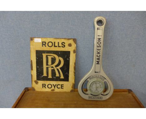 A painted metal Rolls Royce advertising sign and a Mackeson bottle opener shaped advertising barometer 