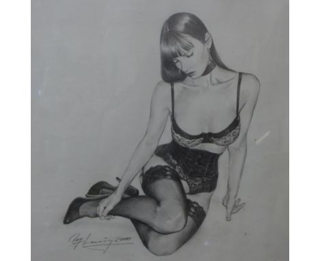 Ray Leaning, erotic study of a semi nude female, pencil sketch, 29 x 29cms, framed 