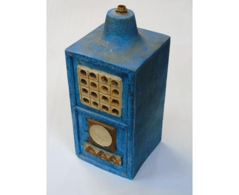 Troika lamp base by Avril Bennett with typical designs on a blue ground.  Approx 11 1/2" tall