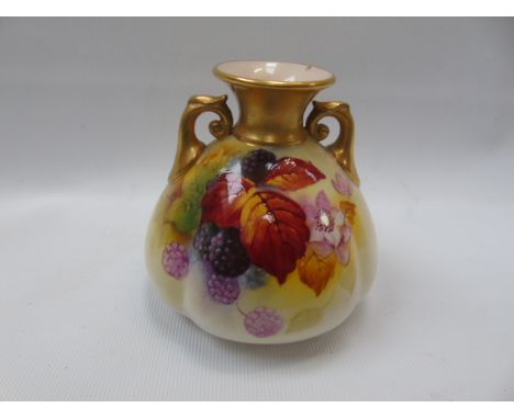 A Royal Worcester bud vase with handpainted floral decoration by K Blake. Approx height 3.5 inches.