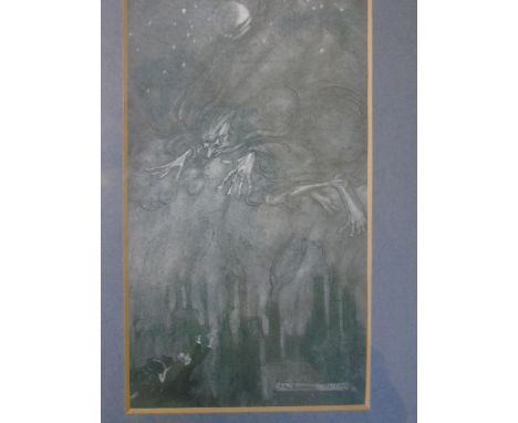 A monochrome print depicting a ghoulish creature in a dark, industrial landscape.