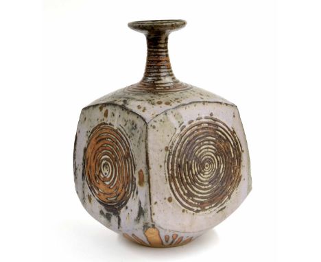 John Buchanan of St Ives - large contemporary studio ceramic vase, with ring turned flaring neck over a square form shaped bo