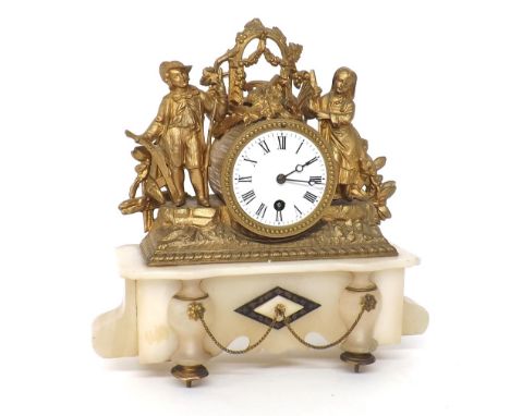 Late 19th century French gilt spelter and onyx figural mantel clock, 12" high (pendulum)