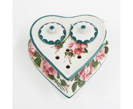 Wemyss for T. Goode &amp; Co heart shaped double inkwell, decorated with cabbage roses, 7" wide (rim at fault)