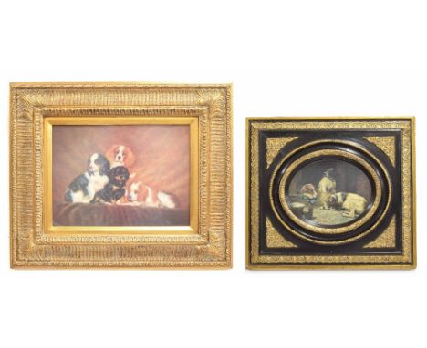 20th century - decorative portrait of four dogs, within ornate gilt frame, 15.5" x 11.5"; together with another picture of th