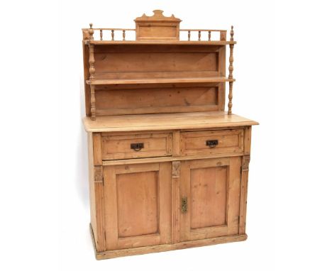 Victorian stripped pine chiffonier, the raised open shelf back over two drawers and panelled cupboards, 43" wide, 21" deep, 6