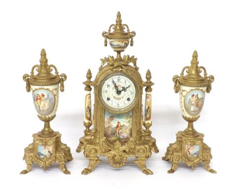 French style gilt metal mantel clock garniture, the panels decorated with figural scenes, 16" high