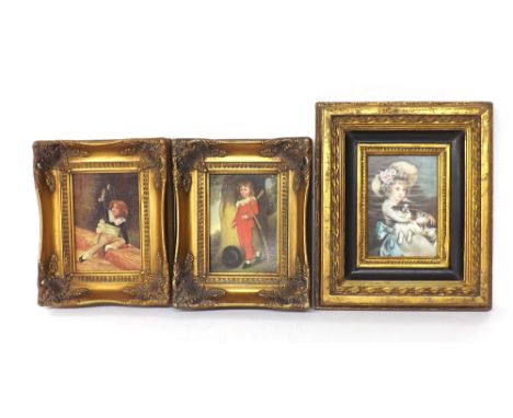 Pair of decorative portraits of children, within ornate gilt frames, 11" x 9"; together with another portrait of a girl and d
