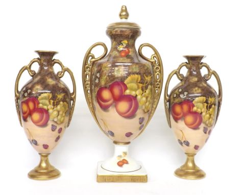 Porcelain garniture trio of vases in the Worcester manner (one rim at fault), tallest 15" high (3)