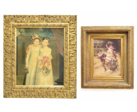 20th century - large decorative portrait of two girls, within ornate foliate gilt wooden frame, 23.5" x 19.5"; together with 