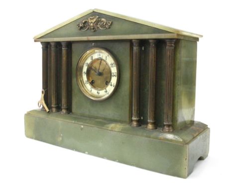 Green onyx two train mantel clock in an architectural case, 12.5" high
