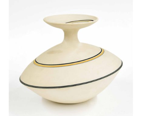 John Buchanan of St Ives - studio ceramic vase, of asymmetrical circular form with wide neck rim over an angled body painted 