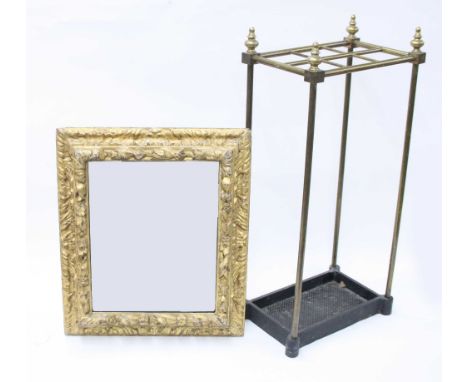 Victorian cast iron and brass umbrella/stick stand, with six division top, 25" high; together with a gilt gesso moulded frame