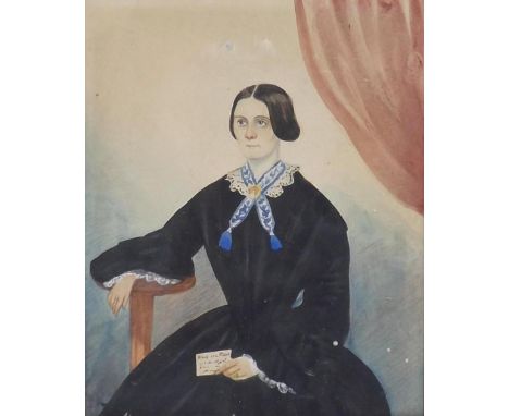 English School (19th century) - Portrait miniature of a lady seated wearing a black dress and holding a letter with her left 