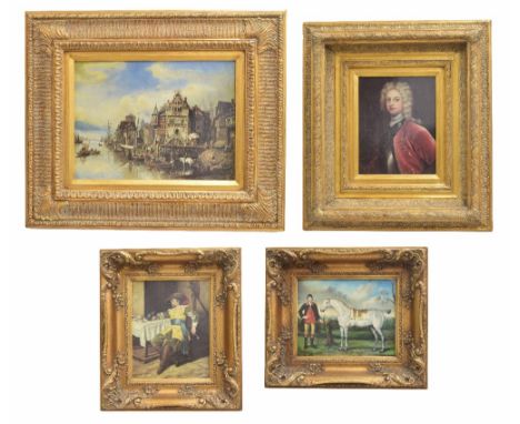 20th century - decorative picture of a Continental river port scene, within a gilt frame, 15.5" x 11.5"; together with anothe