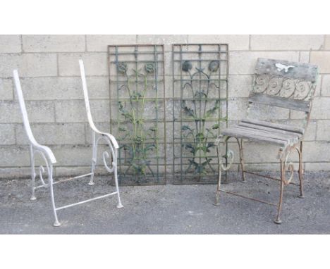 Two similar cast iron and painted garden chair frames, 16" wide, 20" deep, 32" high, together with two cast iron rectangular 