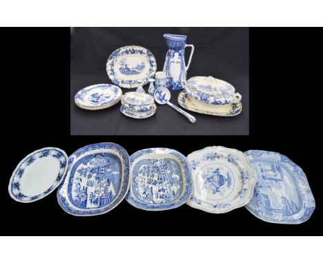 Selection of assorted blue and white transfer printed pottery including two oval willow meat plates, various other meat plate