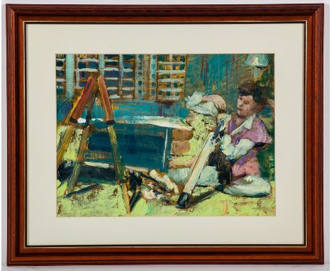 * GEORGE HOM,
A GIRL AND HER TOOLS
oil on canvas, signed verso
29.5cm x 39.5cm
Mounted, framed and under glass
Provenance: Pu