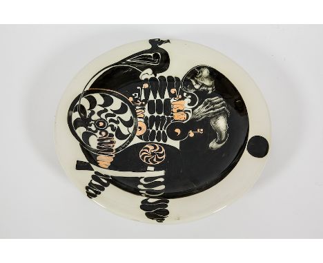 * IAN RAMSAY,
NURSING THE CIRCLE OF LIFE 
ceramic bowl with black paint and gold leaf, signed and dated '87, further signed a
