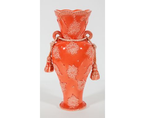 * JO LEVITEN,
FLORAL VASE IN CORAL
ceramic and rope, stamped on base
39cm high
Provenance:  Purchased from the artist at the 