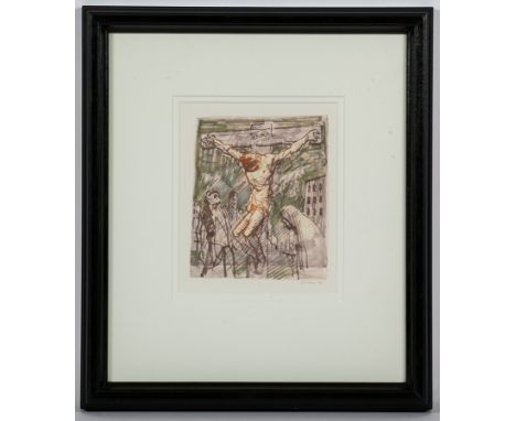 * PETER HOWSON OBE, 
CONTEMPORARY CRUCIFIXION WITH ST MARY AND ST JOHN
coloured inks over black pen, signed and dated '05 in 