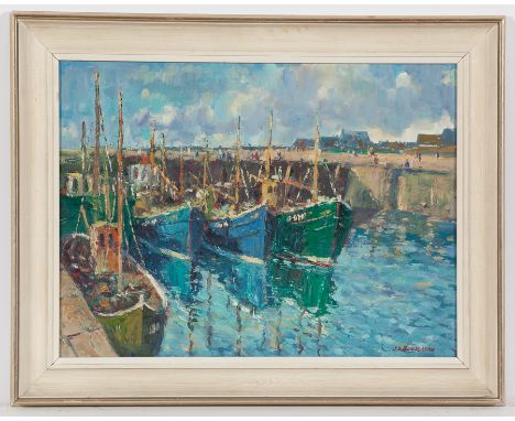 * J. D. HENDERSON (SCOTTISH 20TH CENTURY), 
FISHING BOATS, ARBROATH
oil on board, signed
44cm x 60cm 
Framed
Label verso: Pai