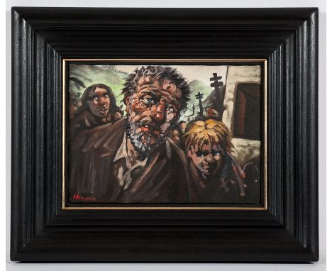 * PETER HOWSON OBE,
REFUGEES
oil on canvas, signed
25.5cm x 35cm
Framed
Provenance:  Purchased 31st January 2007 from The Hig