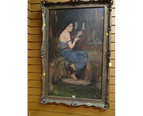 Framed oil on canvas of a musical instrument playing classical lady & a framed oil on board of boats in a harbour 