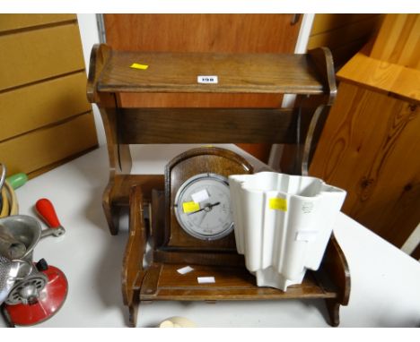 A vintage Shelley ceramic jelly mould, small oak mantel barometer, small oak bookshelves