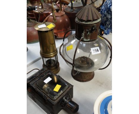 A brass & glass lantern, a nineteenth century brass miner's lamp inscribed O T EDWARDS 1895 with Prince of Wales feathers etc
