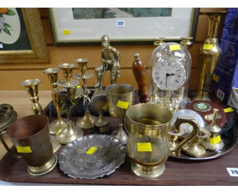 A parcel of metalware ornaments & a reproduction clock etc
