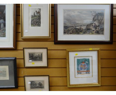 Two hunting scene prints, a framed landscape print of a Scottish deer hunter & a framed print entitled 'Pisces' etc