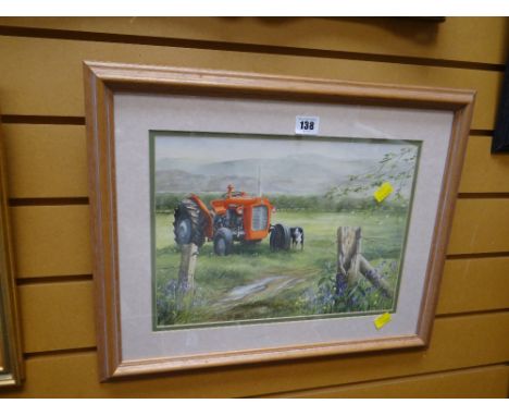 A framed watercolour of a sheep dog & tractor in the landscape by G GRIFFITHS