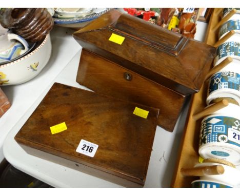 An antique sarcophagus shaped tea caddy & small wooden box