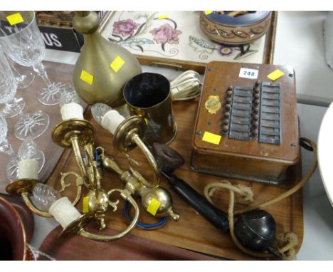 An early twentieth century primitive 'New System Telephone', a brass table lamp etc