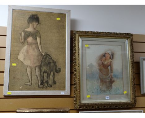 Framed print AFTER PICASSO & a framed watercolour of a lady gathering tinder in a fancy antique gilt frame