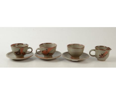 Three small Crowan Pottery cups and saucers, together with a small Crowan Pottery jug.