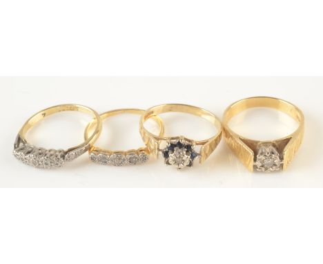 Four gold rings, each set with diamonds. Condition report: 3 rings 18 ct 4.2, 1.6 and 2.2 gms.1 ring 9 ct 1.7gms.