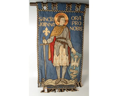 A hanging embroidered banner, inscribed 'Sancta Joanna ora pro nobis', with some silk and gold metal thread, 103 x 53cm. Cond