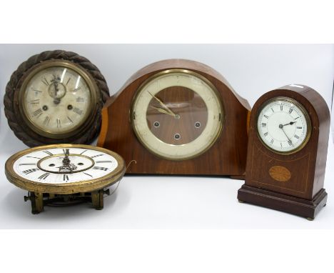 Two mantle clocks, a wall clock and the movement and dial from a Vienna regulator type clock.