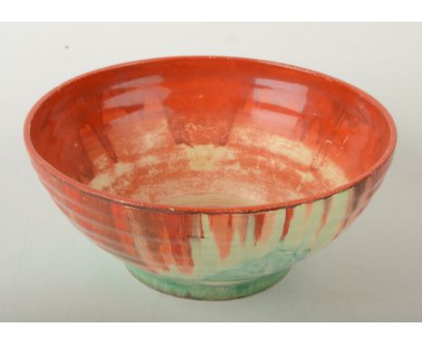 A Clarice Cliff 'Red Roofs' pattern bowl with ribbed body chipped, diameter 22.4cm.