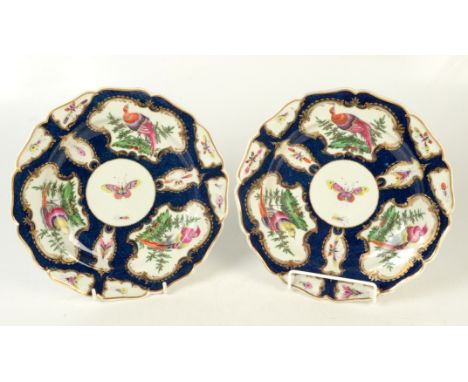 A pair of 18th century Worcester scale blue ground shaped dishes, each with three principal panels of exotic birds in landsca