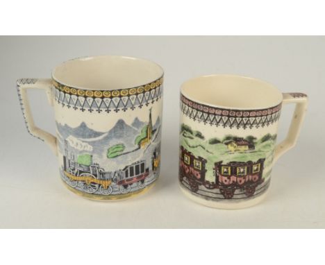 A Staffordshire pottery railway mug, late Victorian, printed and coloured with the engine 'Express' pulling three coaches, he