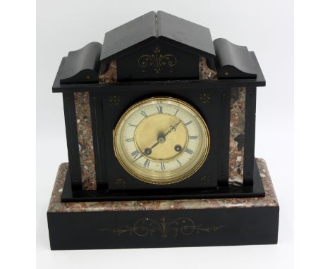 A Victorian black slate and marble mantle clock, height 29cm, width 30.5cm. 
