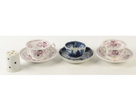 A pair of Swansea pottery purple printed Swansea pottery cups and saucers and an 18th century Swansea blue printed 'Goddess K