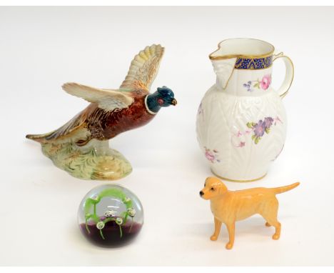 A Beswick model of a pheasant, no 849, a Beswick dog, Caithness glass paperweight and a Coalport jug. Condition report: tail 