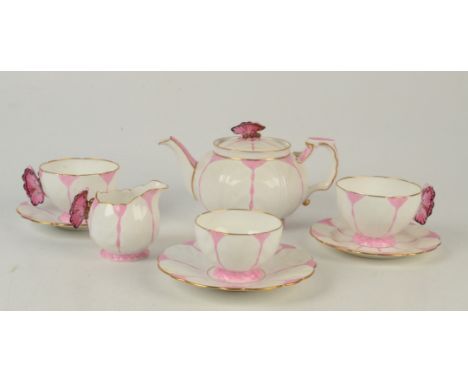 An Aynsley pink butterfly leaf moulded tea for two set, comprising a teapot registration number 765788, pattern number B1322,