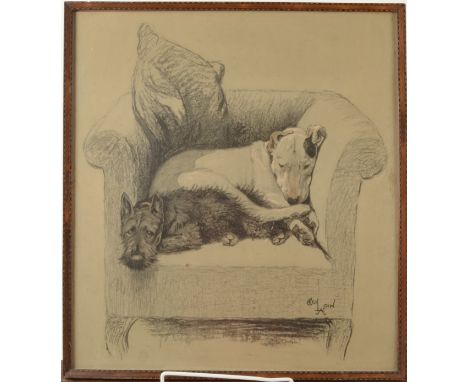 A Cecil Aldin print of two dogs on a chair, a Scottish terrier and an English terrier, 40 x 37cm. 